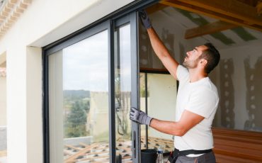 glass door sliding installation stock image