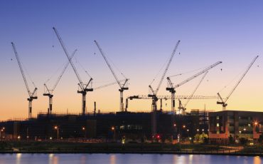 Many cranes at Australian construction site (Sunshine Coast, Kawana Waters, QLD, Australia)